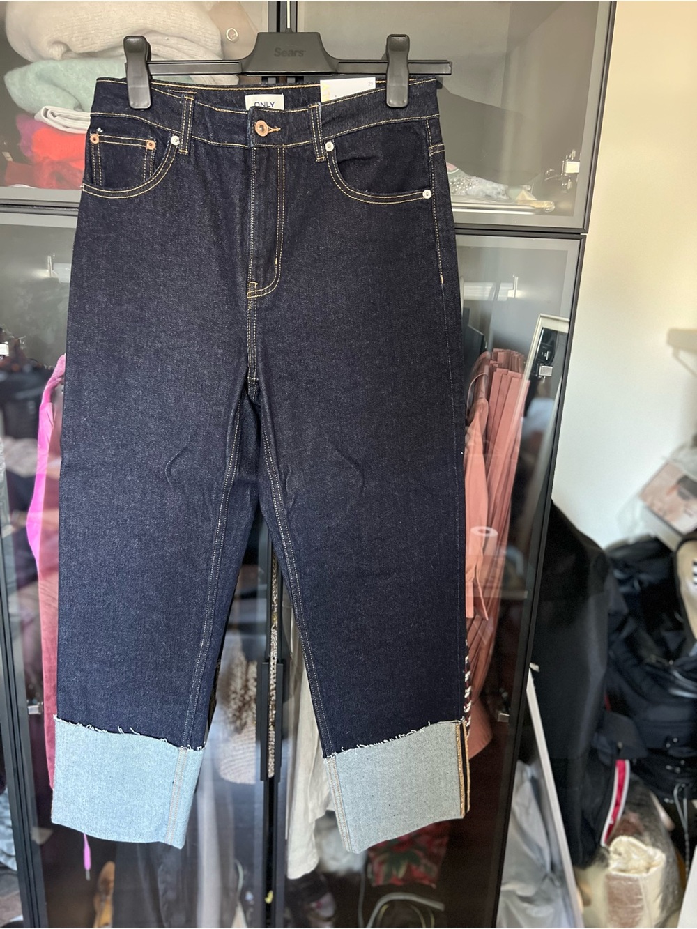 Only Dark Blue Straight Jeans with Light Cuff